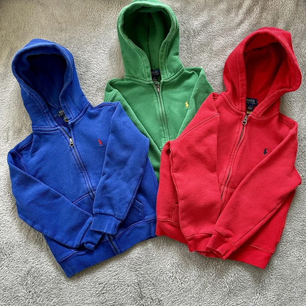 POLO RALPH LAUREN Kids Hoodie Lot 3 Pcs Size 6-7 Blue Green Red Full Zip Fleece